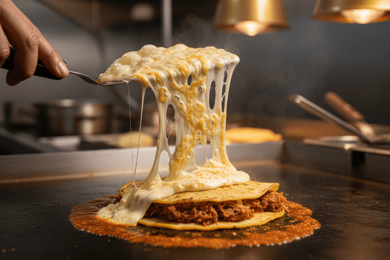 Melting Oaxaca cheese on quesabirria