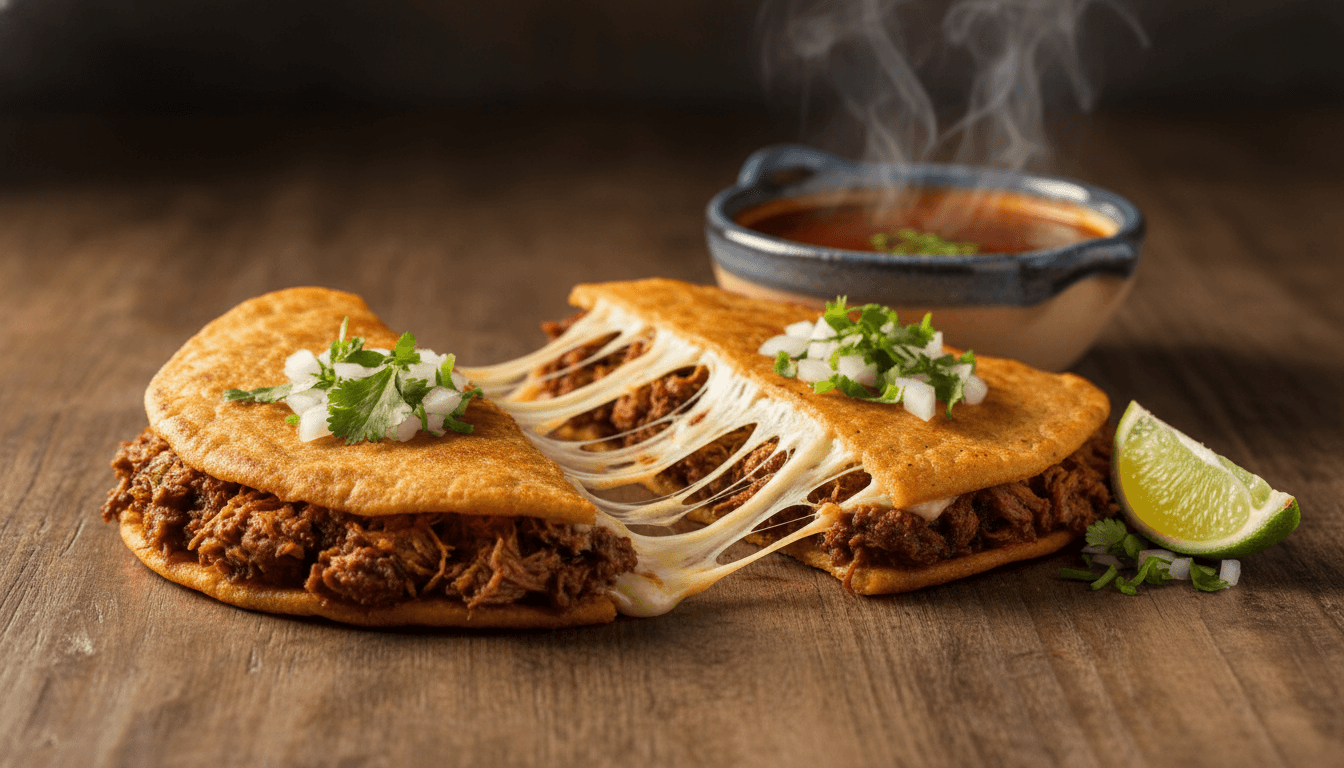 Authentic quesabirria with cheese pull and consommé at Mr. Taco Phoenix