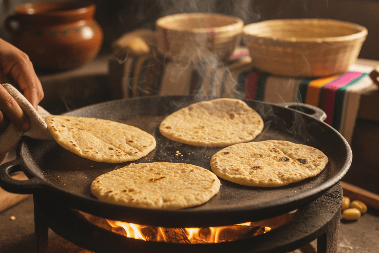 Cooking tortillas on traditional comal